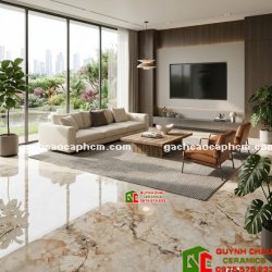 Gạch lát phòng khách 120x180 màu kem vân đá bóng kiếng
