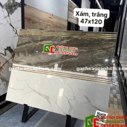 Gạch lát cầu thang xám trắng 47x120 đá khắc kim