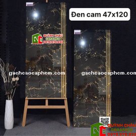 Gạch 47x120 đen vân cam khắc kim lát cầu thang tam cấp