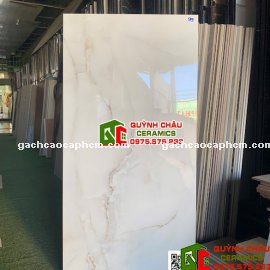 Gạch 60x120 bóng kính trắng kem vân đá nâu nhẹ         