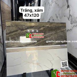Gạch lát cầu thang 47x120 trắng xám khắc kim cao cấp