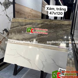 Gạch lát cầu thang xám trắng 47x120 đá khắc kim
