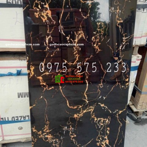 Gạch siêu bóng khắc kim 60x120 đen vân cam tia sét chớp ốp lát cao cấp 07