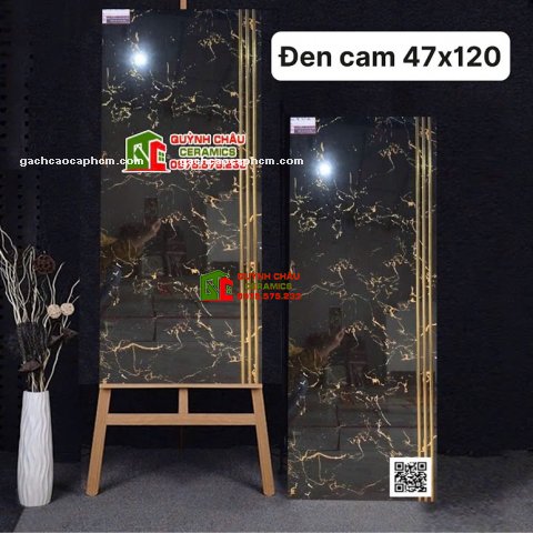 Gạch 47x120 đen vân cam khắc kim lát cầu thang tam cấp