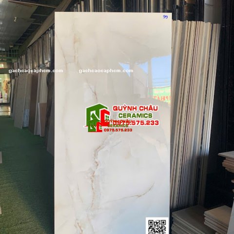Gạch 60x120 bóng kính trắng kem vân đá nâu nhẹ         