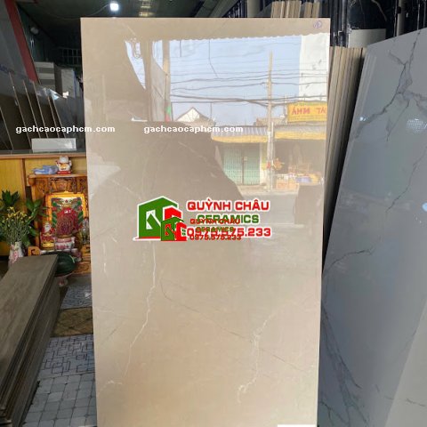 Gạch bóng kính 60x120 kem nâu vân trắng                  