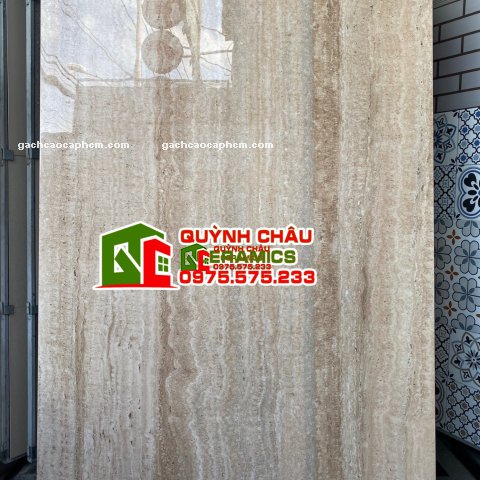 Gạch cao cấp 120x180 vân đá sọc siêu bóng Travertine màu nâu nhạt ấn độ