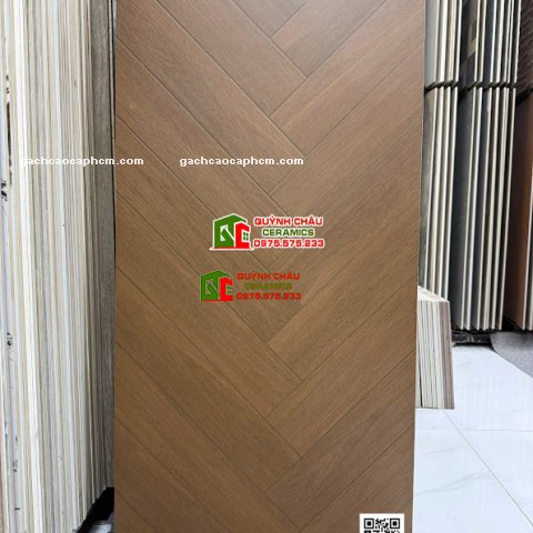 Gạch giả vân gỗ xương cá màu nâu đậm 60x120cm