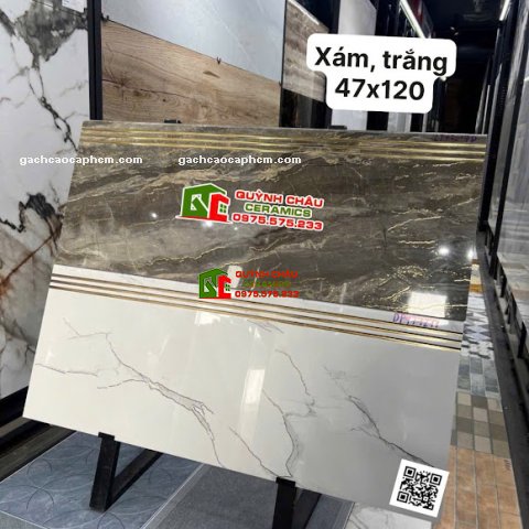 Gạch lát cầu thang xám trắng 47x120 đá khắc kim