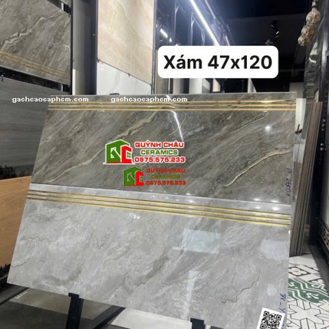 Gạch lát cầu thang xám vân đá 47x120 khắc kim