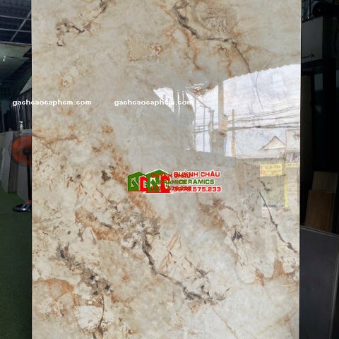 Gạch lát phòng khách 120x180 màu kem vân đá bóng kiếng