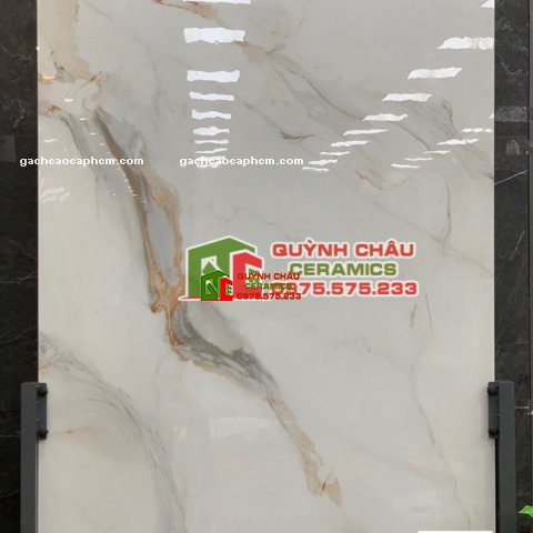 Gạch nhập khẩu ấn độ 120x180 màu trắng vân đá kết hợp xám vàng Golden White Marble bề mặt siêu bóng