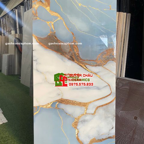 Gạch ốp lát ấn độ 60x120 siêu bóng xanh trắng vân nhũ vàng