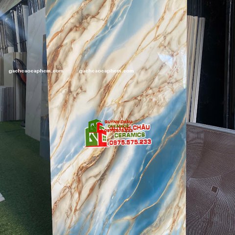 Gạch ốp lát ấn độ 60x120 vân đá vàng xanh dương siêu bóng