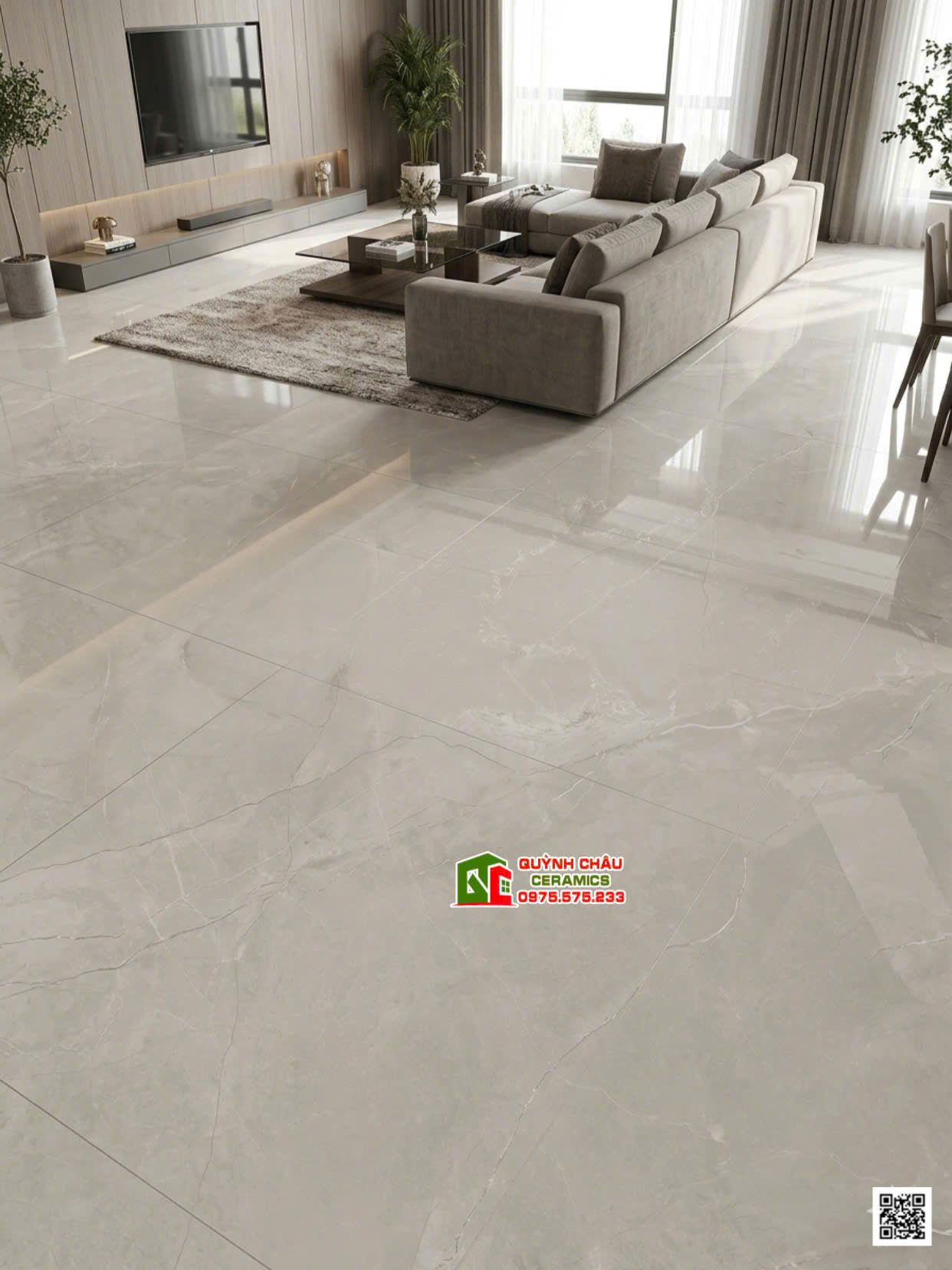 Gạch khổ lớn 100x100 ấn độ lát phòng khách vân đá xám bóng kiếng
