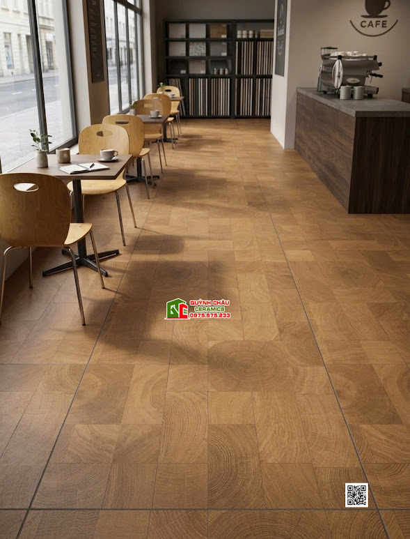 Gạch lát quán cafe 60x120 giả vân gỗ ghép khối