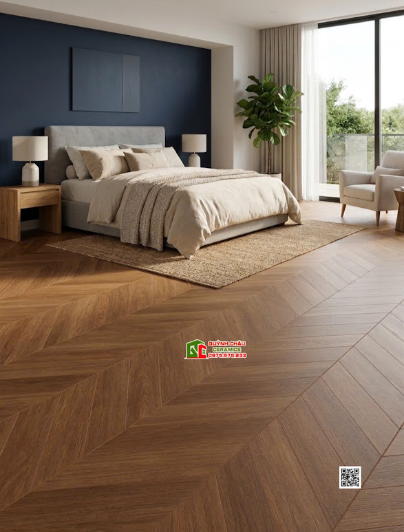 Gạch lát nền phòng ngủ vân giả gỗ sồi 60x120 xương cá đẹp