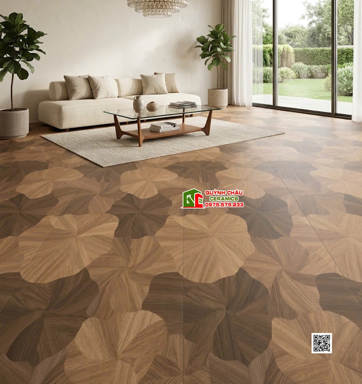 Gạch khổ lớn lát phòng khách 60x120 họa tiết lá sen