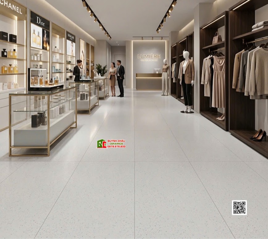 Gạch kis 60x120 terrazzo màu sáng lát nền shop bán đồ thời trang