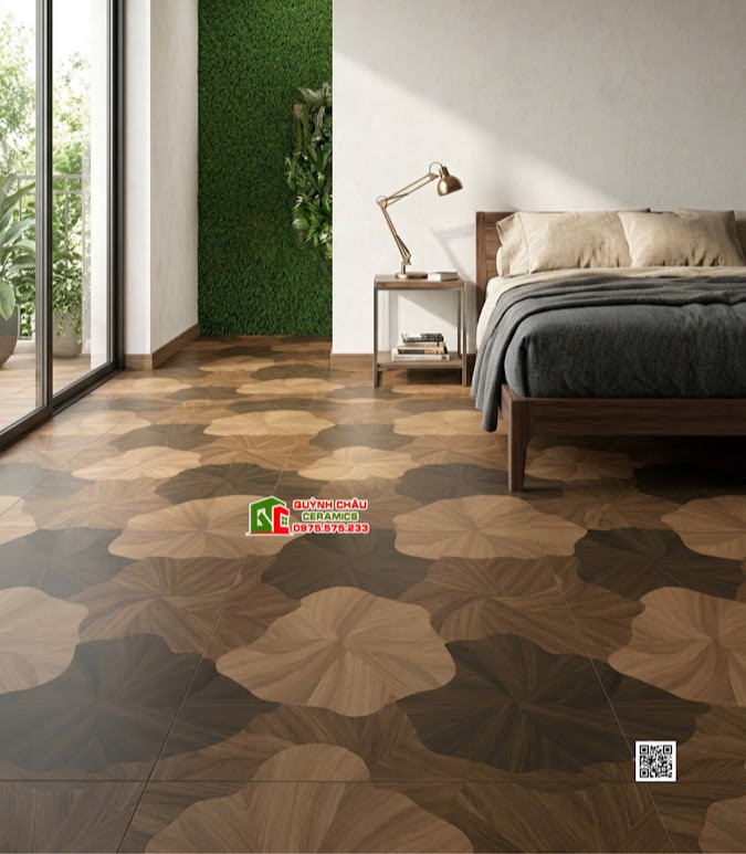 Gạch giả gỗ họa tiết vân lá sen màu đậm 60x120 lát phòng ngủ