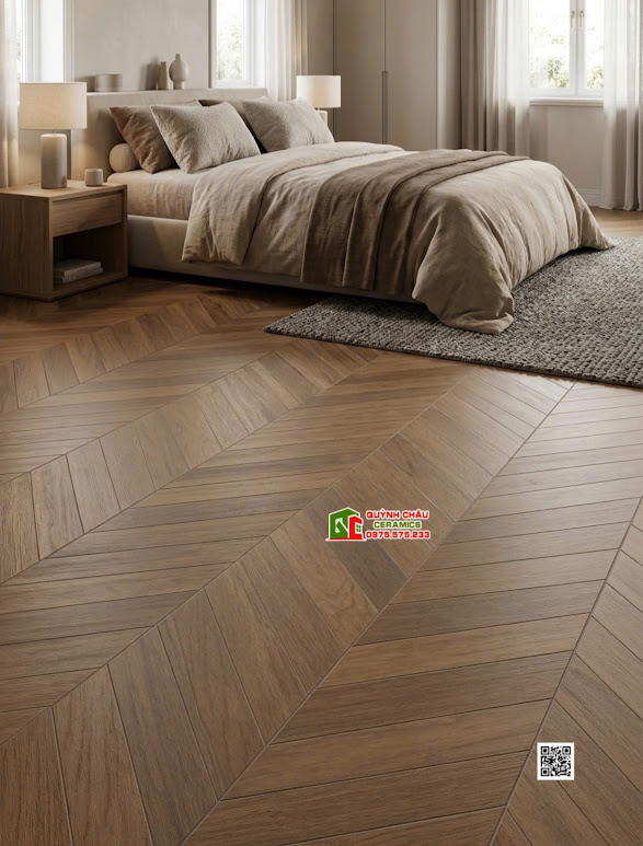 Gạch 60x120cm lát nền phòng ngủ giả gỗ vận xương cá màu nâu óc chó