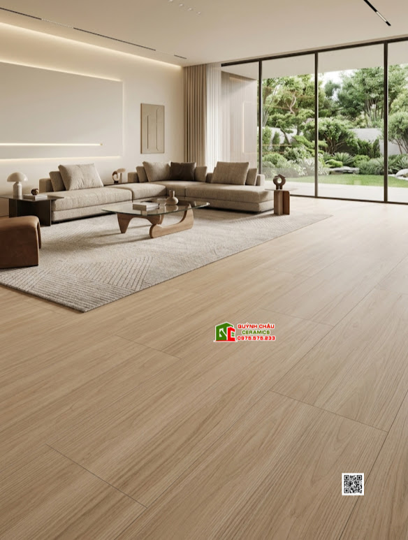 Gạch lát phòng khách 60x120 vân gỗ sồi nâu sáng
