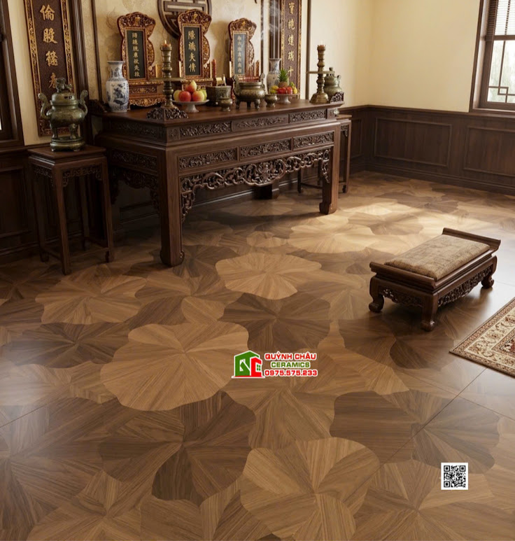 Gạch lát nền phòng thờ 60x120 họa tiết lá sen màu nâu gỗ