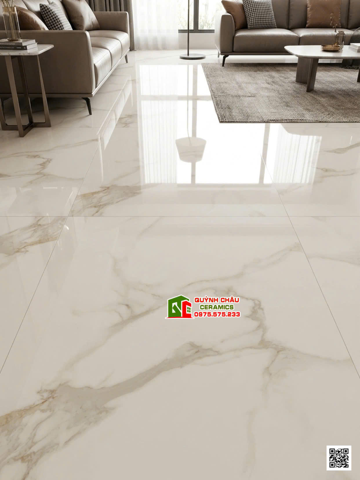 Gạch ấn độ 1000x1000 lát phòng khách trắng vân đá xám marble