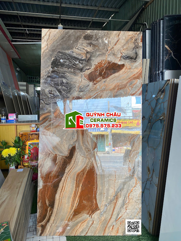 Gạch 80x160 vân đá cẩm thạch màu cam siêu bóng