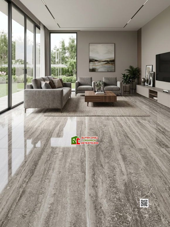Gạch lát nền phòng khách 60x120 vân travertine xám đậm bóng kiếng