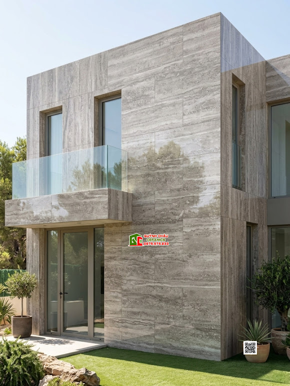 Gạch khổ lớn travertine 60x120 xám đậm bóng kiếng ốp mặt tiền