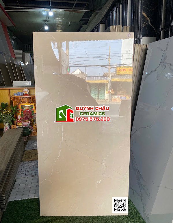Gạch kem nâu vân trắng 60x120 bóng kính ấn độ