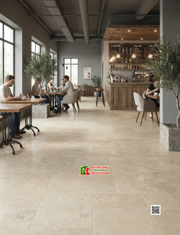 Gạch lát nền quán cafe mix giả đá 60x120 màu kem beige