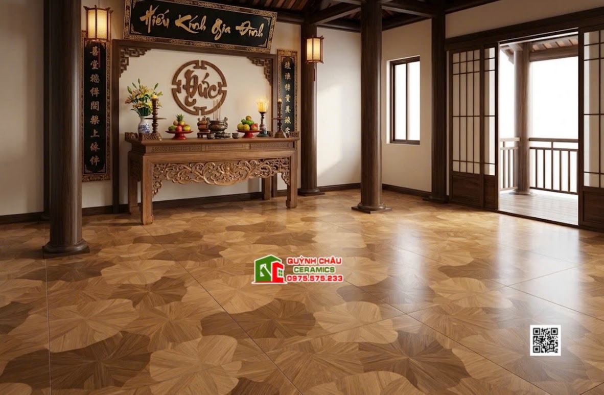 Gạch vân gỗ lá sen lát phòng thờ 60x120cm nhập khẩu trung quốc