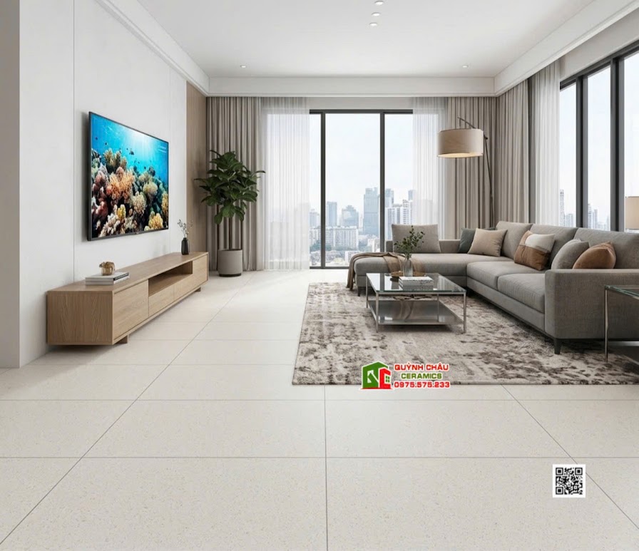 Gạch lát phòng khách 60x120 kis vân terrazzo mờ kem