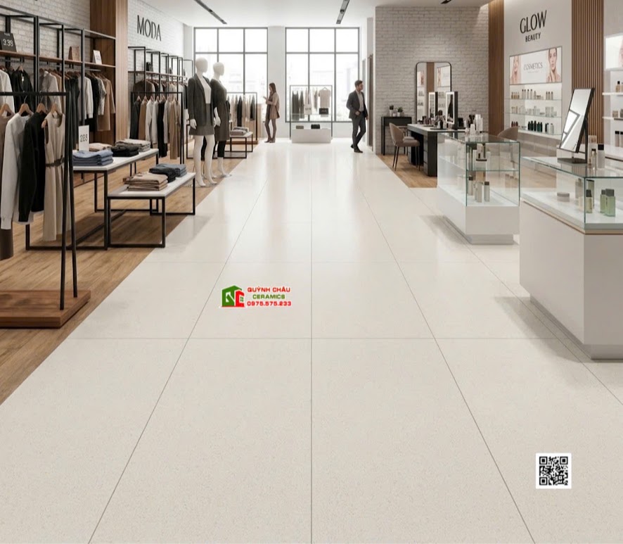 Gạch lát nền kis 60x120 terrazzo mờ kem shop bán thời trang mỹ phẩm