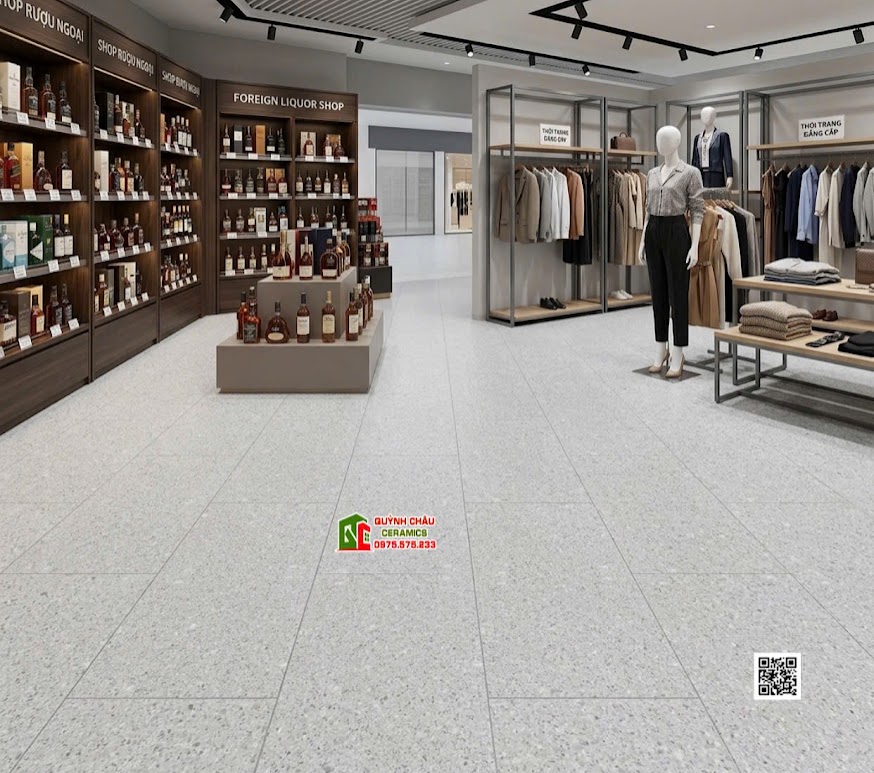 Gạch 60x120 terrazzo mờ xám kis lát nền shop bán đồ thời trang