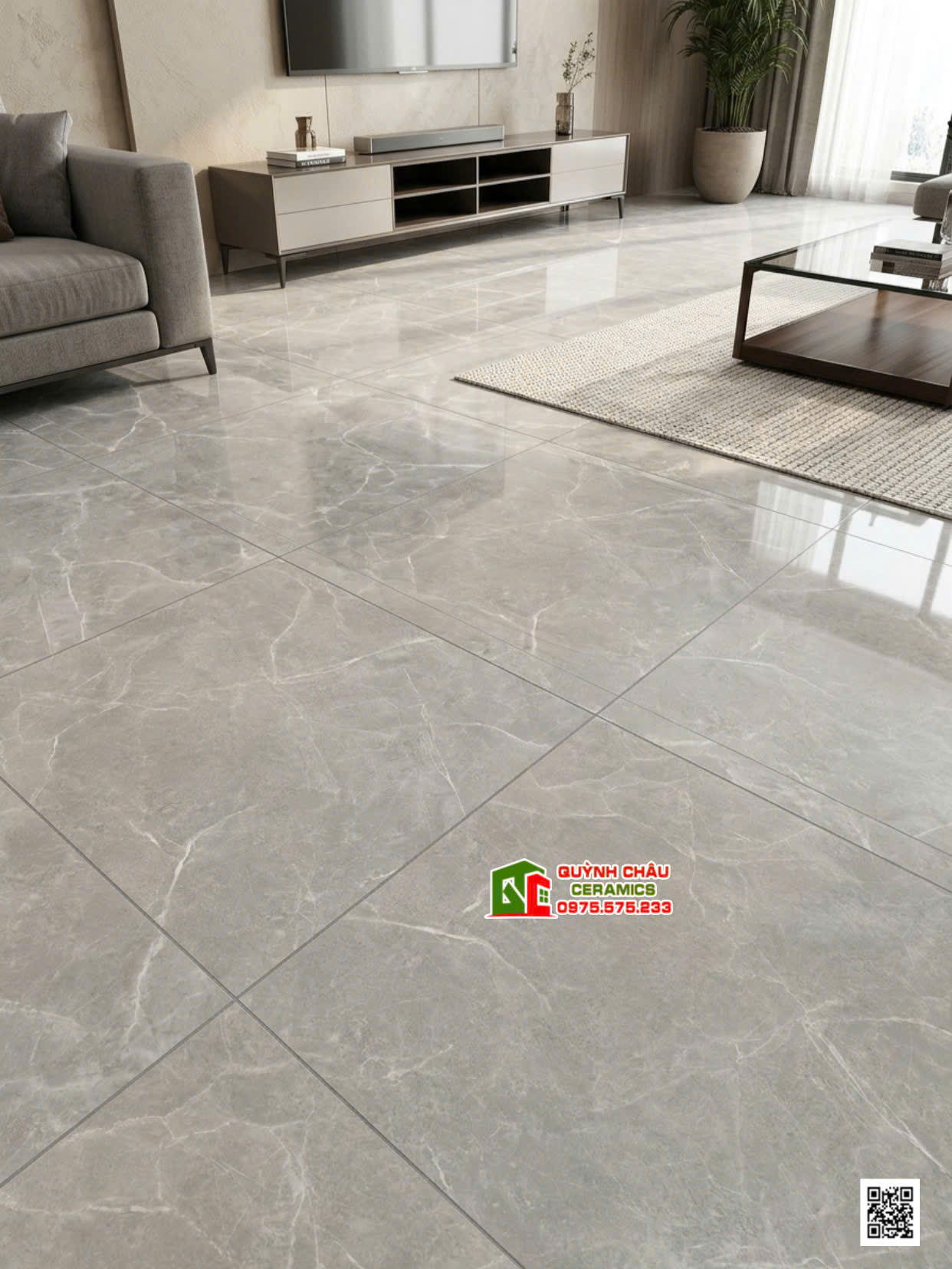 Gạch lát nền phòng khách 1000x1000 bóng kiếng xám vân đá ấn độ