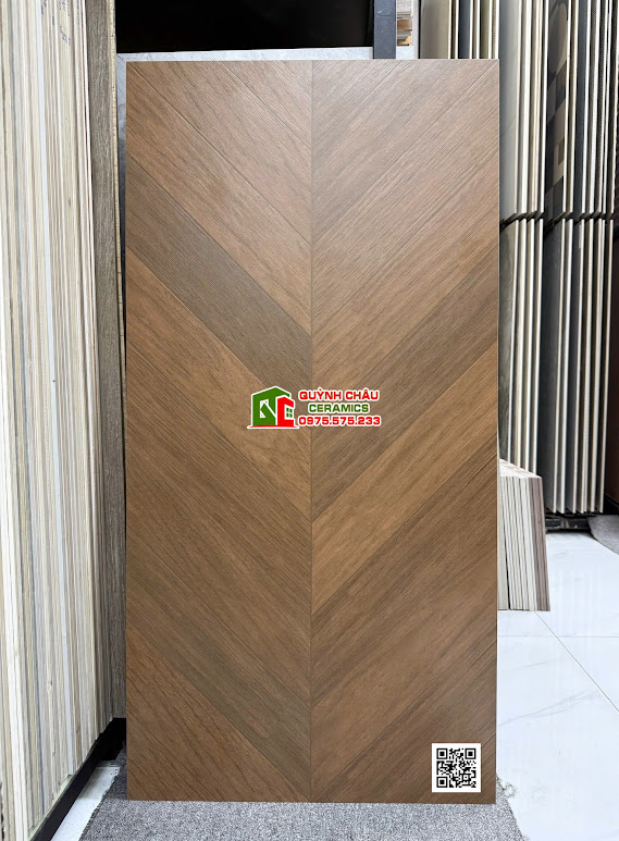 Gạch 60x120cm khổ lớn vân gỗ xương cá màu nâu óc chó cao cấp