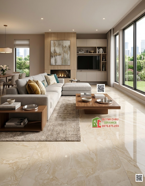 Gạch ấn độ 60x120 lát phòng khách màu vàng kem bóng kiếng