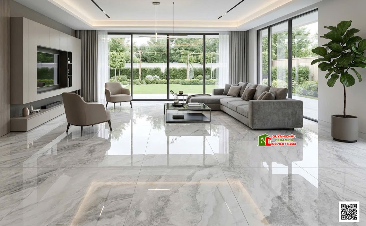 Gạch malaysia 60x120 lát nền phòng khách xám kem vân đá bóng kiếng