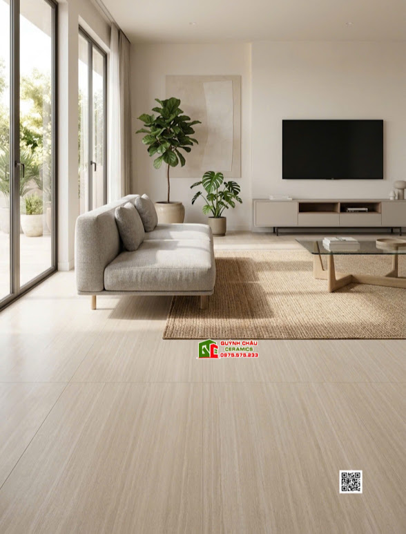 Gạch lát nền 120x180 mờ vân đá travertine màu kem