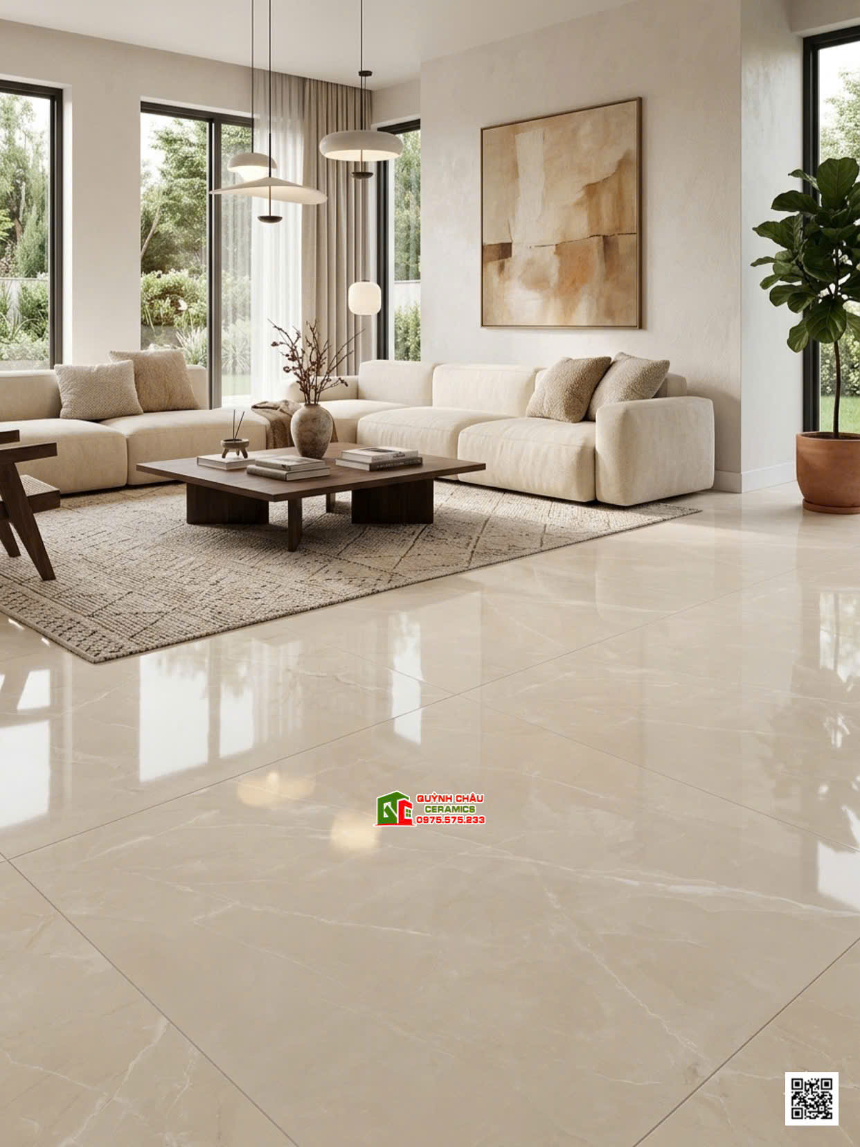 Gạch lát phòng khách 1000x1000 bóng kiếng kem vân đá ấn độ cao cấp