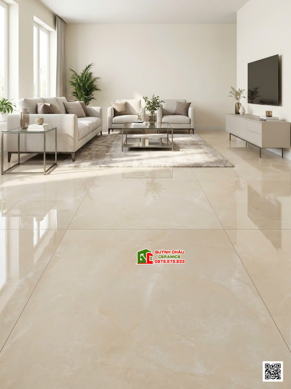 Gạch lát nền phòng khách 1000x1000 màu kem vân đá bóng kiếng cao cấp