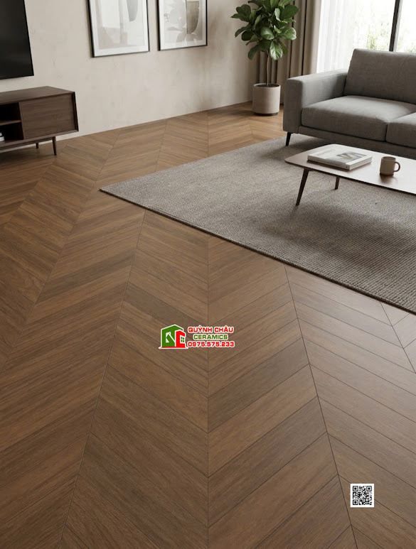 Gạch 60x120 giả gỗ nâu óc chó vân xương cá lát phòng khách