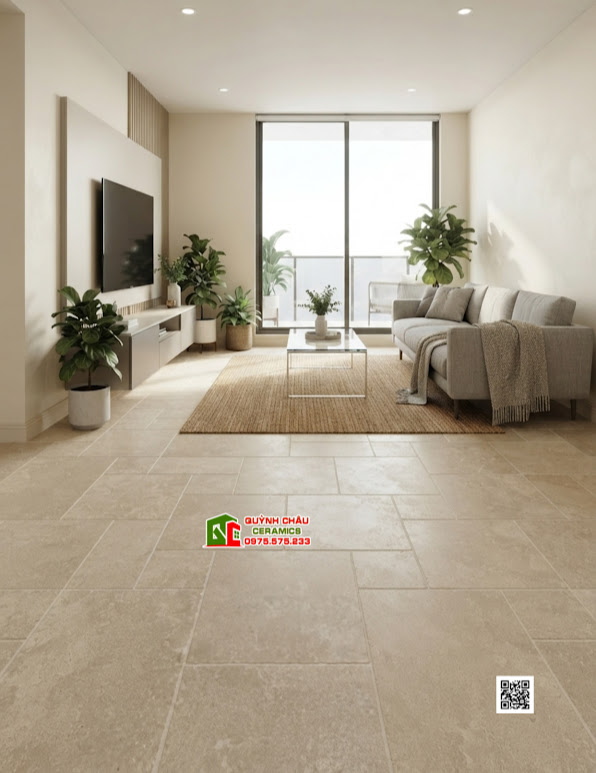 Gạch 60x120 mix đa kích thước giả đá vàng kem lát nền phòng khách