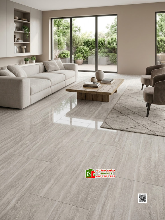 Gạch lát nền travertine 60x120 vân đá xám nhạt bóng kiếng