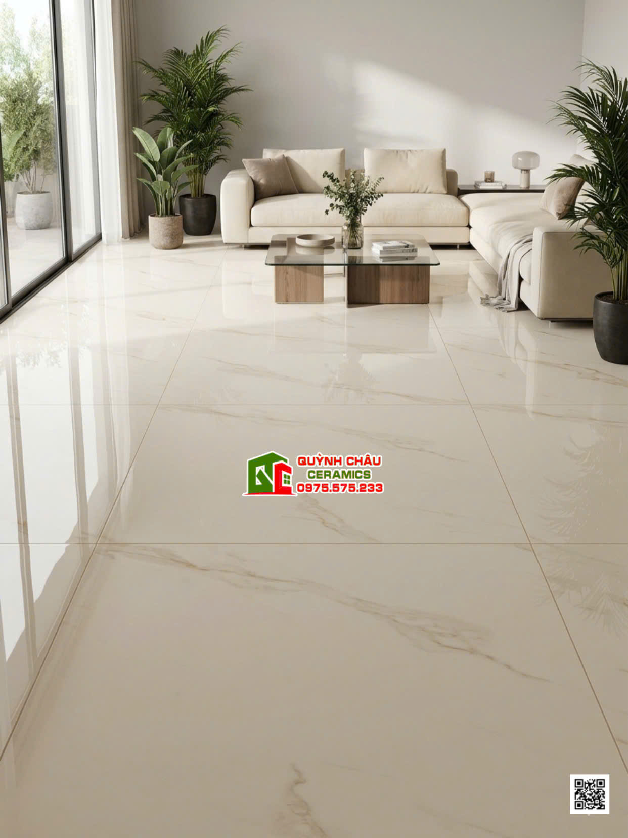 Gạch ấn độ 1000x1000 lát nền phòng khách trắng vân đá bóng kiếng cao cấp