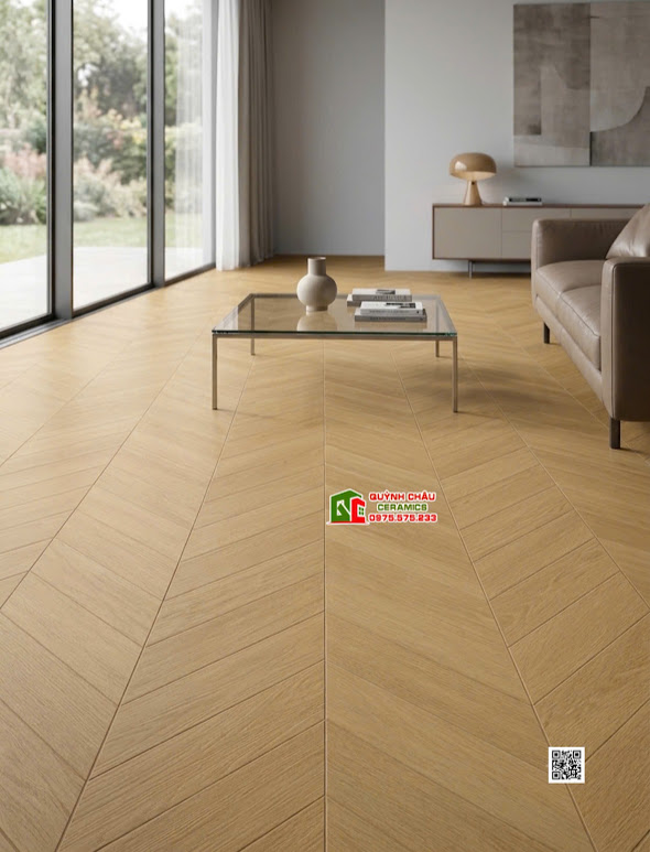 Gạch 60x120cm giả vân gỗ xương cá lát phòng khách đẹp