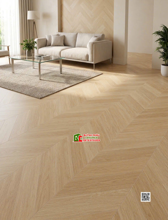 Gạch khổ lớn vân gỗ sồi hình xương cá 60x120 lát phòng khách